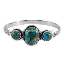 Gorgeous Blue Copper Turquoise Gemstone & 925 Sterling Silver Adjustable Bangle for Party